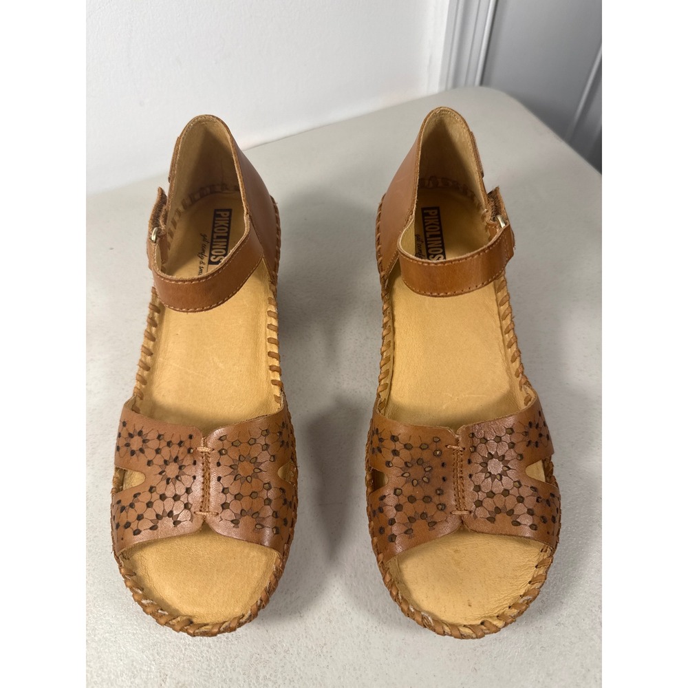 Pikolinos Womens Tan Leather Laser Cut Floral Wedge Sandals Size 38 or 7.5 Spain